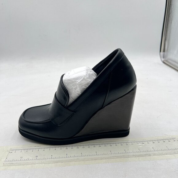 YDN Black Dressy Strappy Pumps Square Closed Toe Slip On Wedge High Heel Loafers - Picture 2 of 8